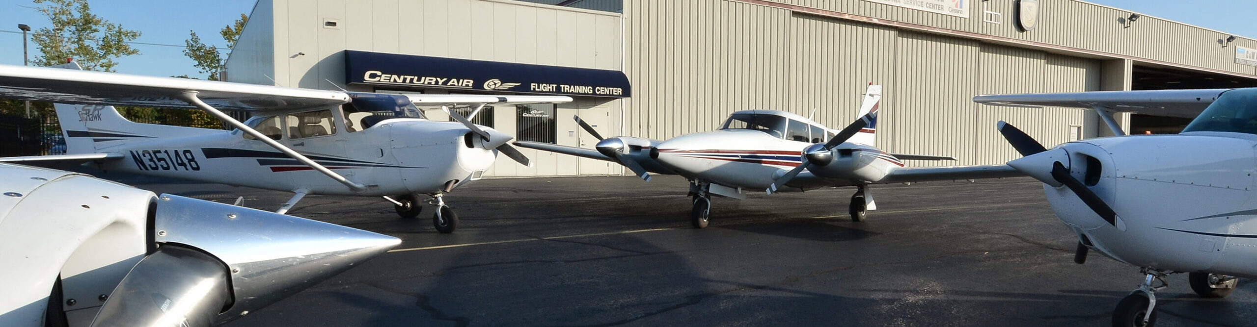 Century Air's aircrafts in front of the flight training school's entrance in Fairfield, NJ