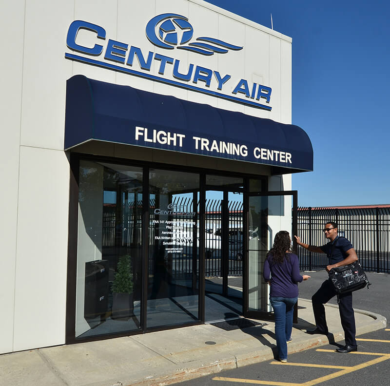 Flight students entering Century Air Flight Training School in Fairfield, NJ
